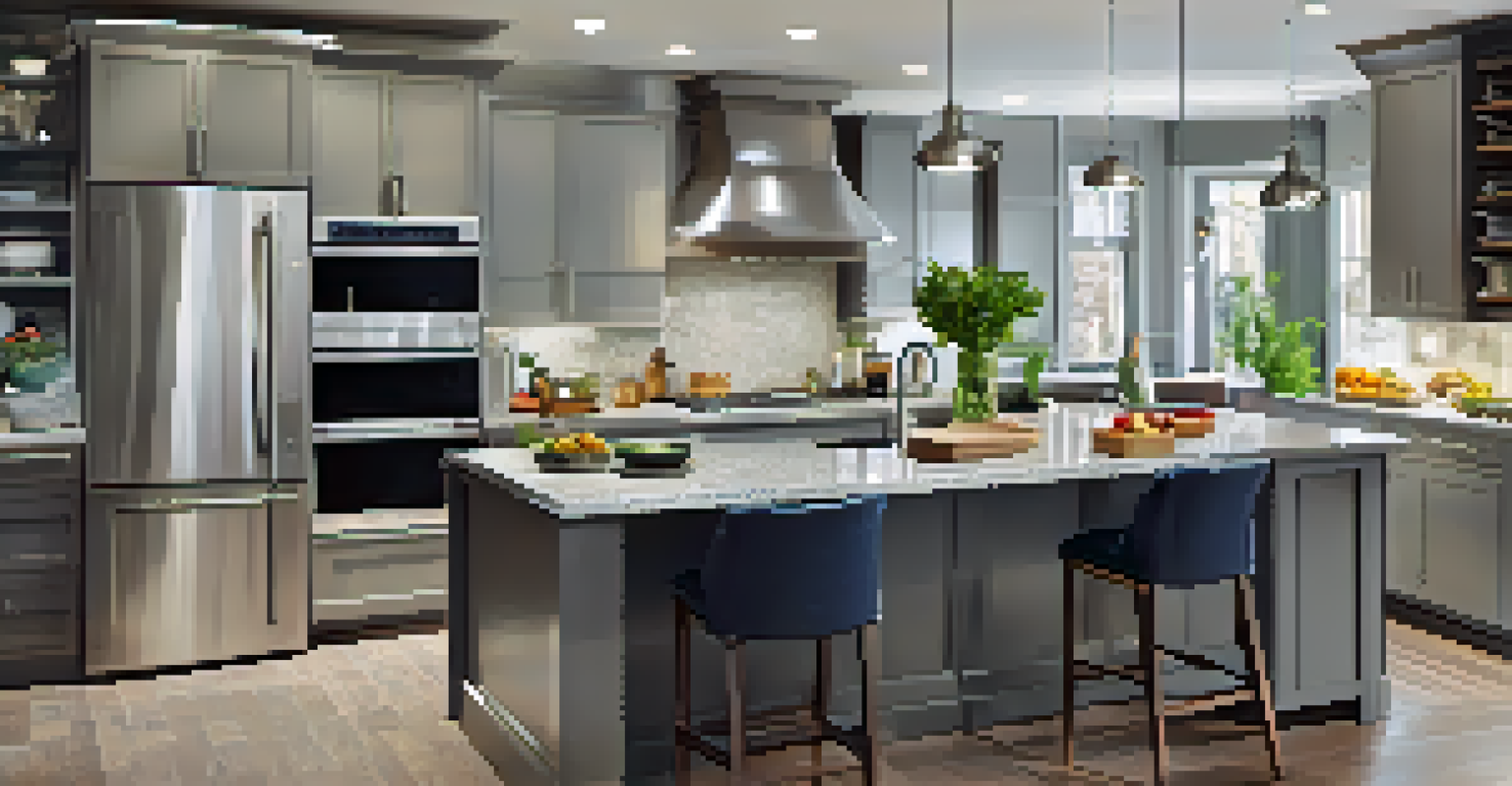 A modern kitchen featuring stainless steel appliances and a granite countertop with fresh ingredients arranged on it.