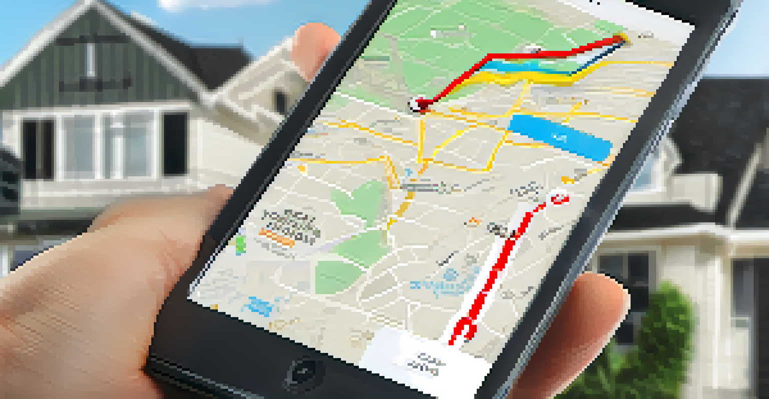 A hand holding a smartphone showing real estate data and trends in front of a modern home for sale.