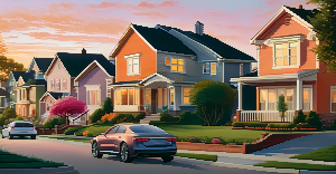 A peaceful suburban neighborhood at sunset with modern and traditional houses surrounded by gardens.