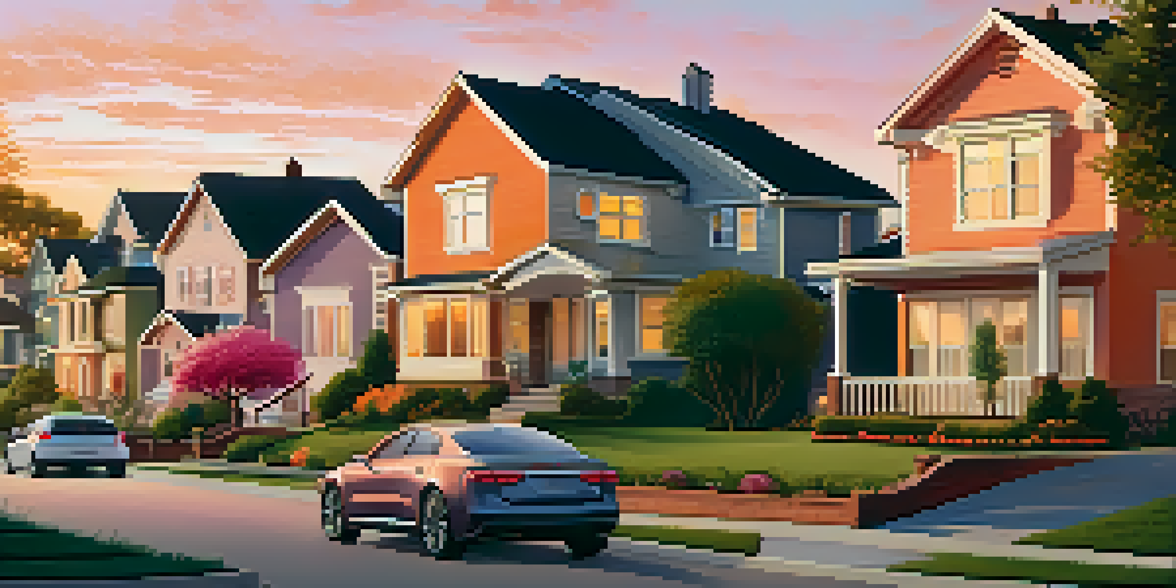 A peaceful suburban neighborhood at sunset with modern and traditional houses surrounded by gardens.