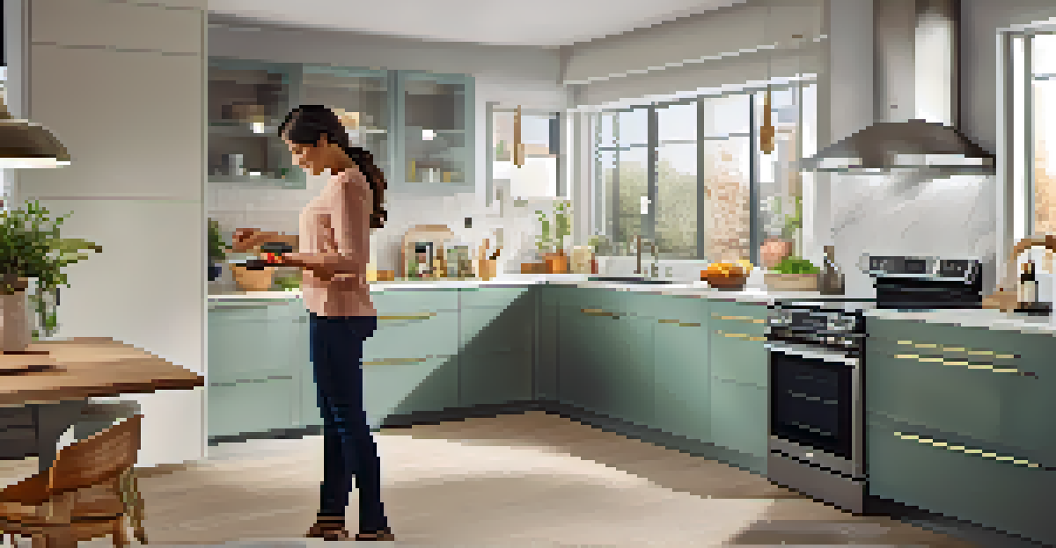 A modern kitchen with smart appliances, including a smart oven and refrigerator. A person is using a smartphone to control the oven, illustrating ease of use.