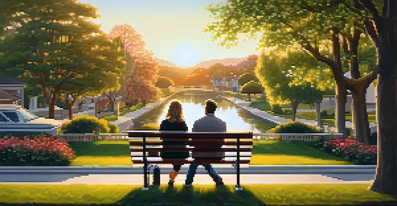 A couple discussing home buying goals while sitting on a park bench, with a neighborhood view in the background during sunset.