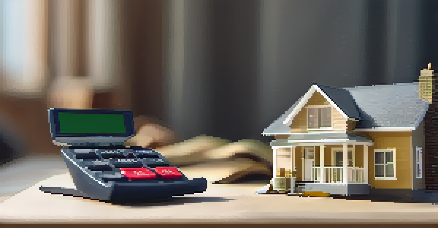 A close-up of a hand holding a miniature house model with paperwork and a calculator in the background.