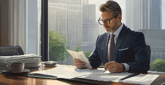 A focused real estate negotiator in a modern office, reviewing documents with a laptop and coffee cup.
