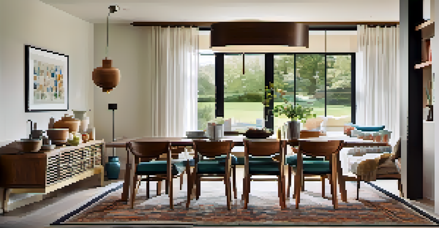 An elegant dining area with a wooden table and stylish chairs, illuminated by pendant lights.