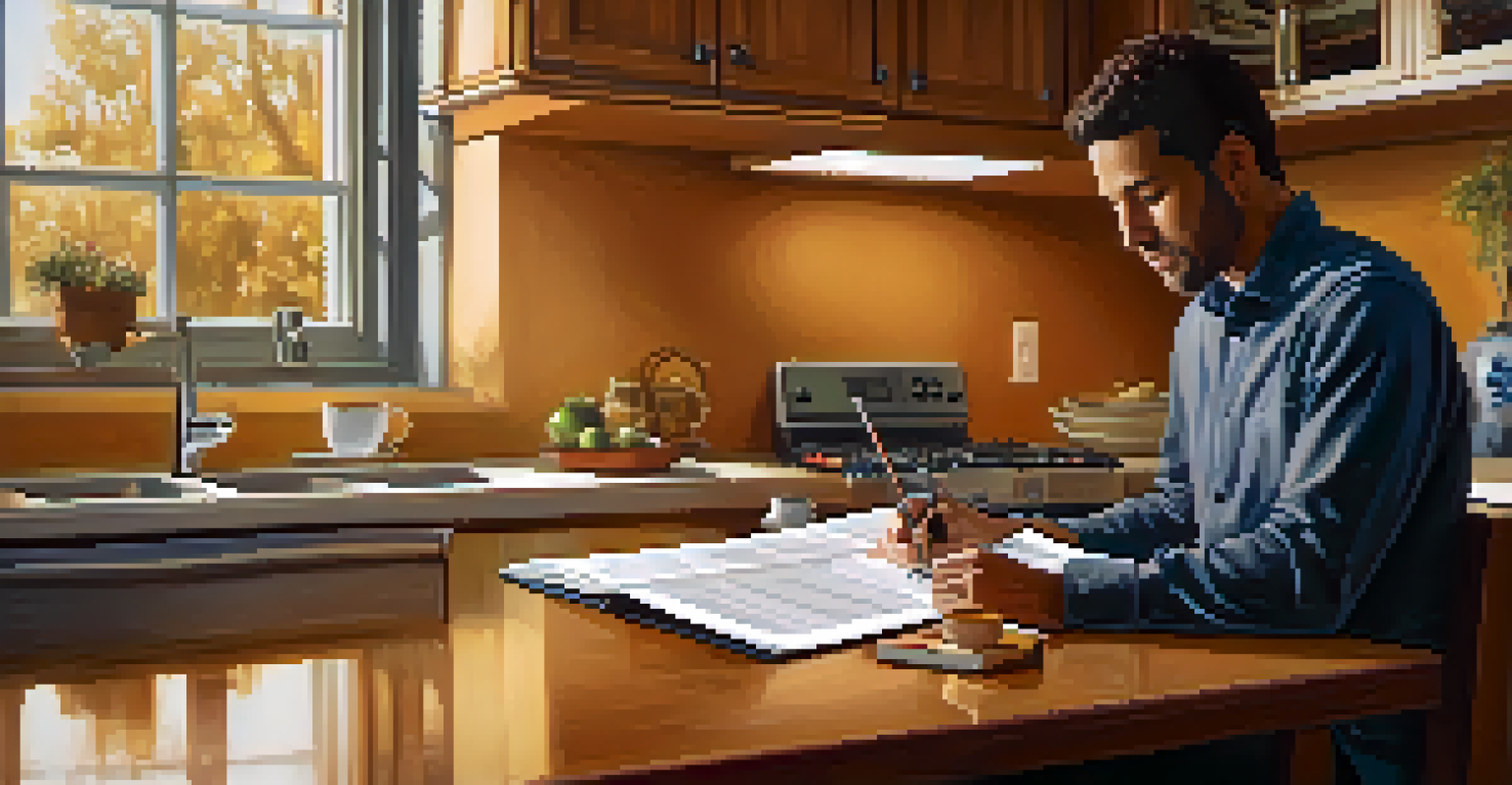 A person reviewing a home warranty contract at a kitchen table with a coffee cup and laptop.