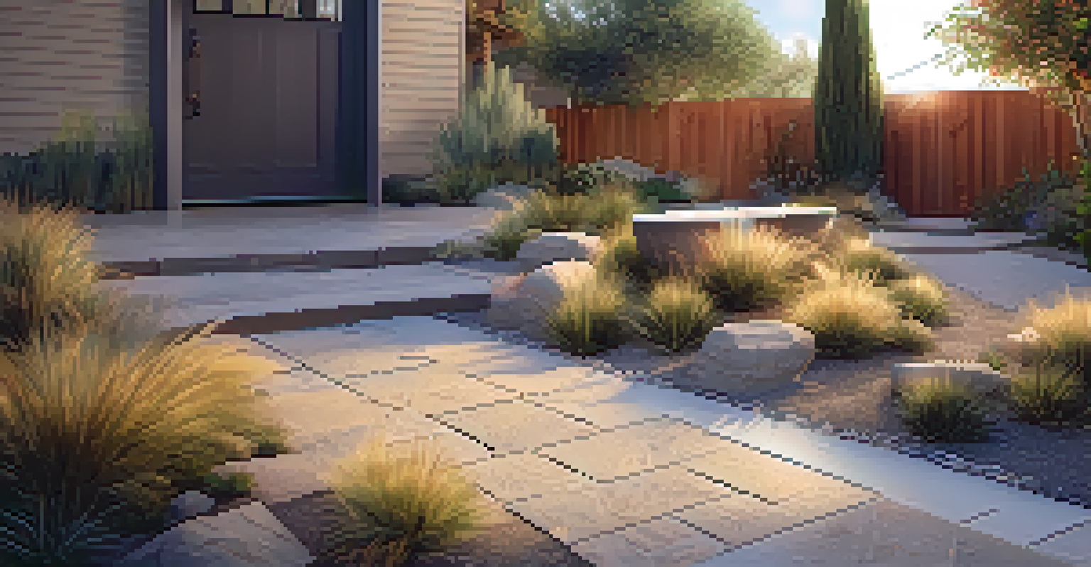 An outdoor space with permeable paving and drought-resistant plants during golden hour, featuring a rain barrel for water management.
