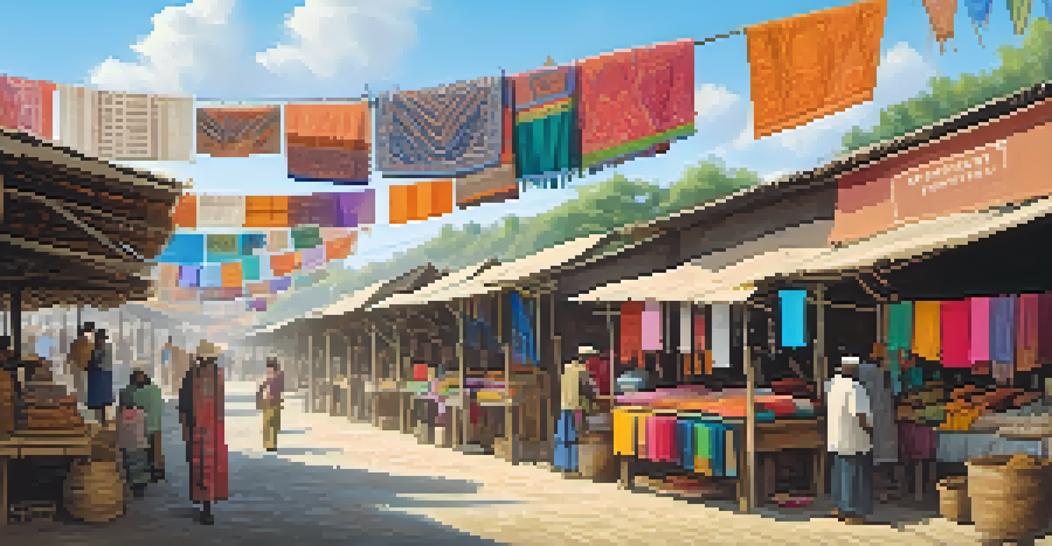 An artisan market with local craftspeople showcasing handmade eco-friendly textiles in vibrant colors, creating a lively atmosphere under a sunny sky.