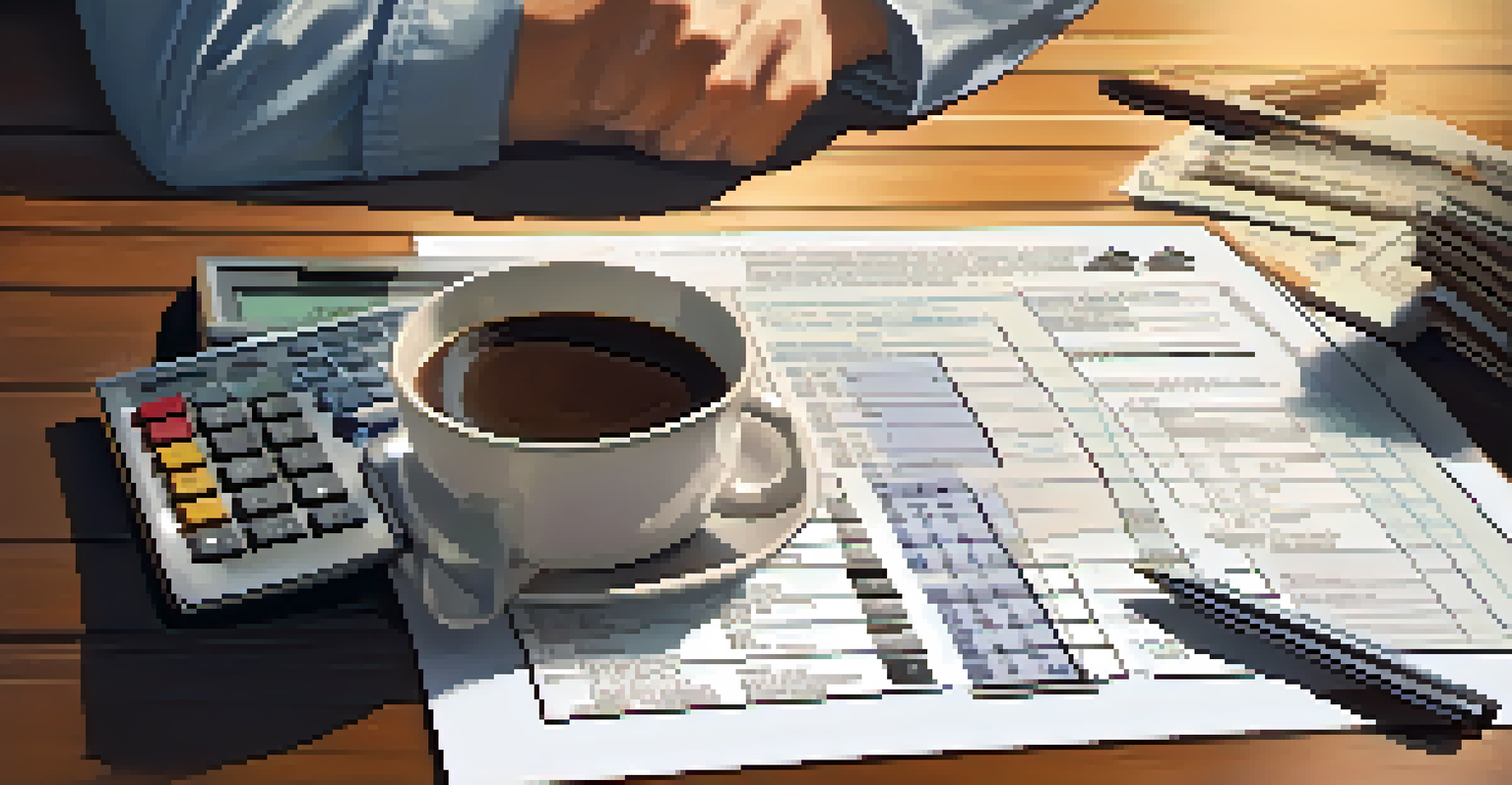 A person's hands using a calculator surrounded by mortgage paperwork and a coffee mug on a wooden table.