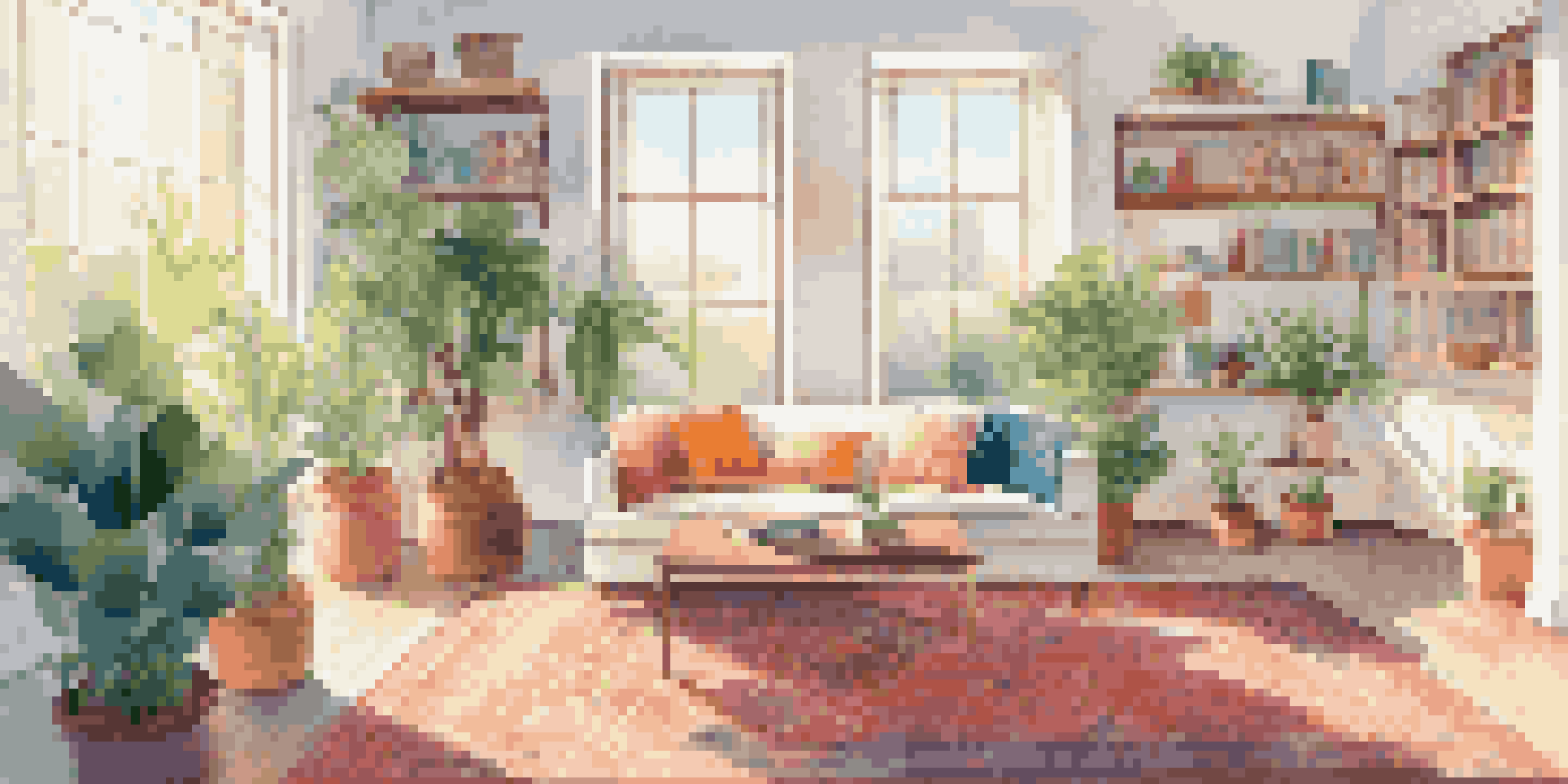 A sunny living room that appears inviting and clean, with a sofa, cushions, and houseplants, illuminated by natural light.