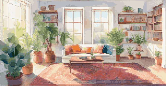 A sunny living room that appears inviting and clean, with a sofa, cushions, and houseplants, illuminated by natural light.