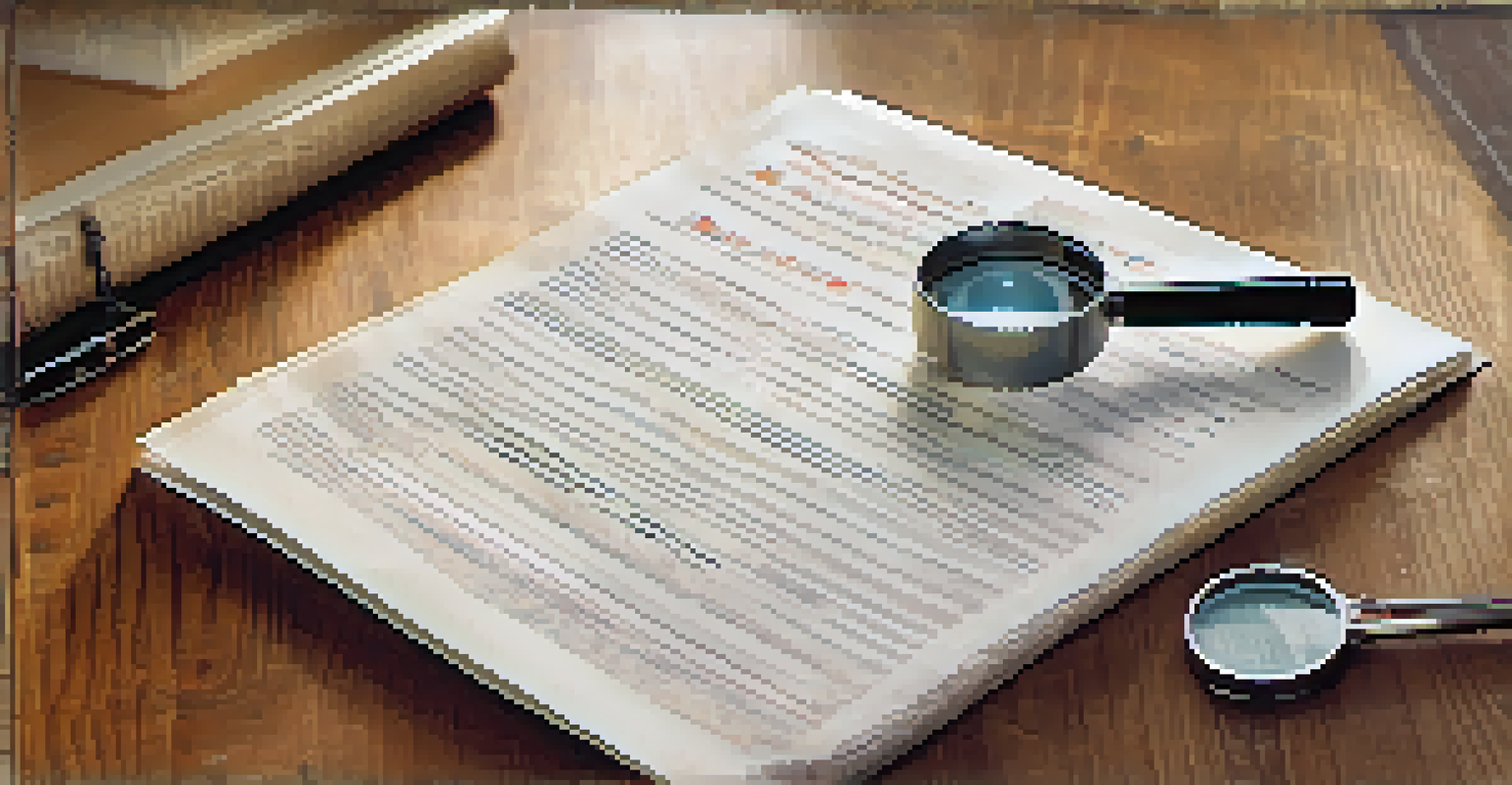 A close-up of a hand using a magnifying glass on an insurance policy document on a wooden table.
