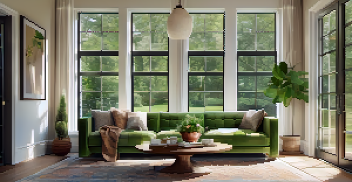 A cozy living room with large energy-efficient windows, soft beige walls, a gray sofa, and a view of a green garden outside.