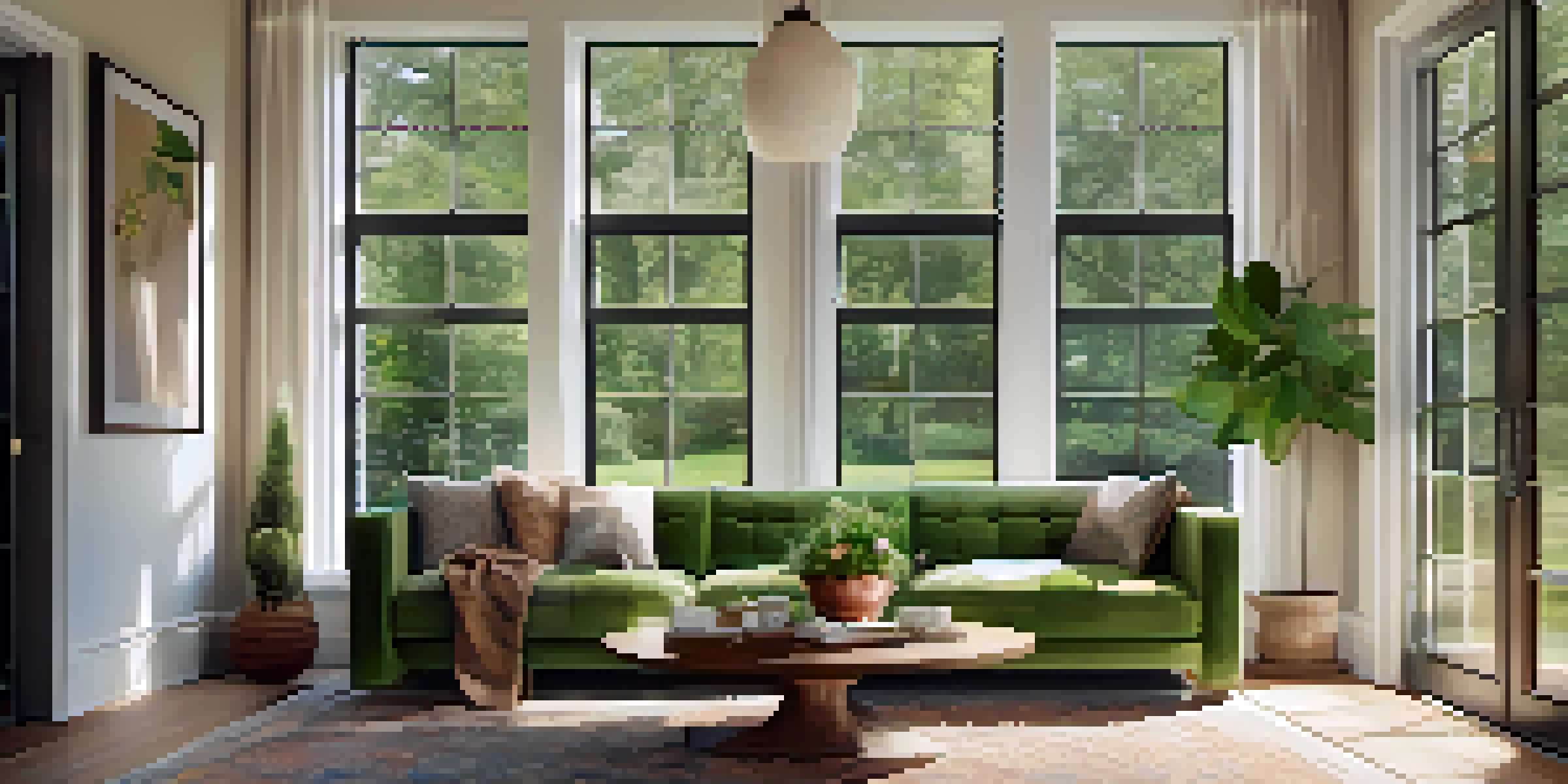 A cozy living room with large energy-efficient windows, soft beige walls, a gray sofa, and a view of a green garden outside.