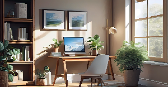 A cozy home office with a wooden desk, laptop, documents, coffee cup, and potted plant, illuminated by soft natural light.