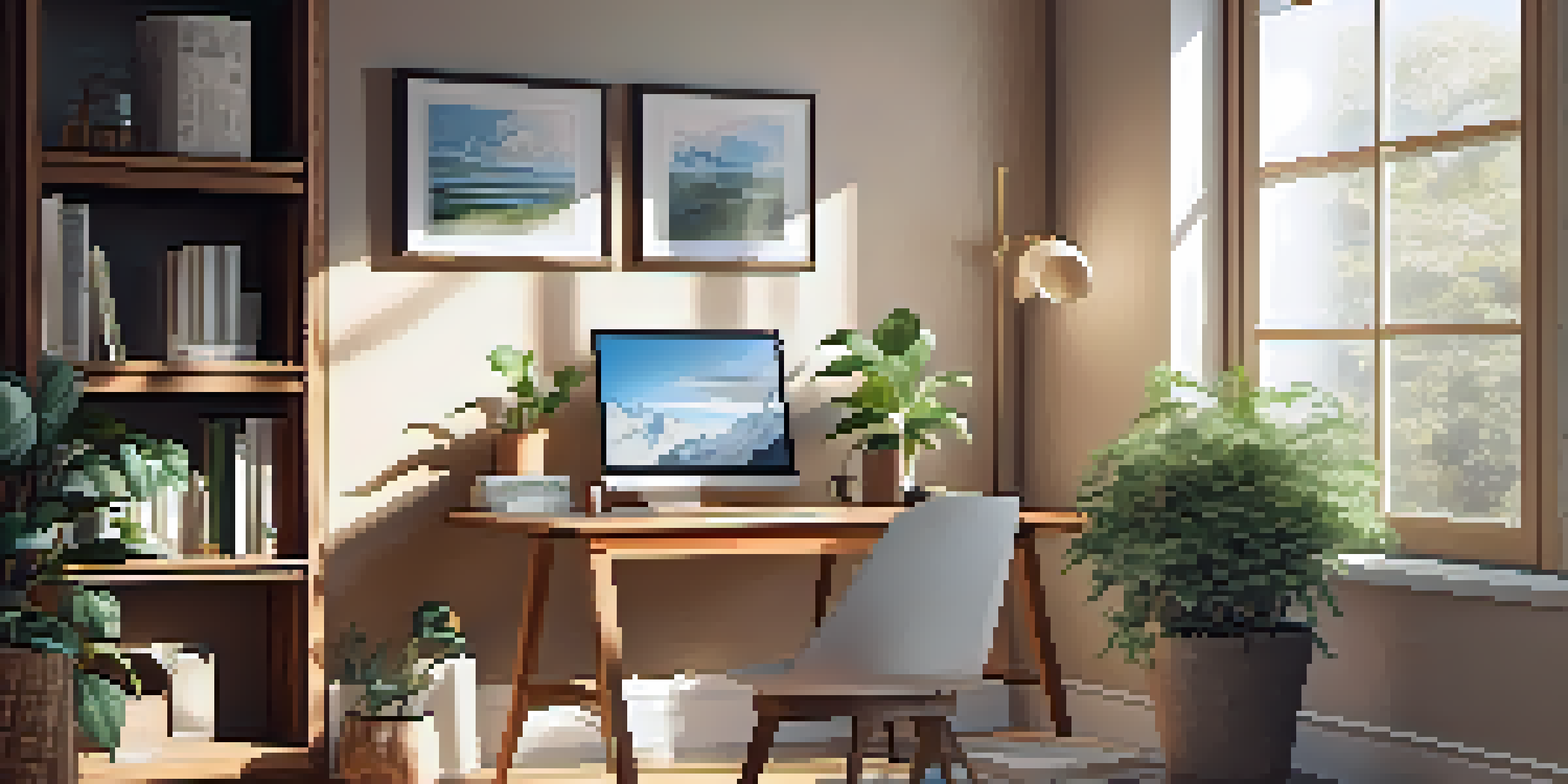 A cozy home office with a wooden desk, laptop, documents, coffee cup, and potted plant, illuminated by soft natural light.
