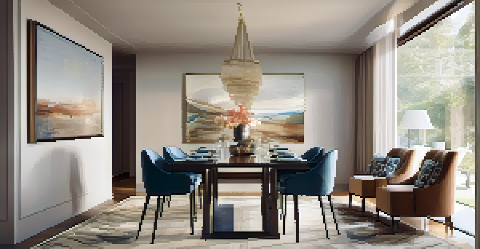A modern dining area featuring a dining table set for four, surrounded by chairs, with a large mirror and art on the walls, creating a bright atmosphere.