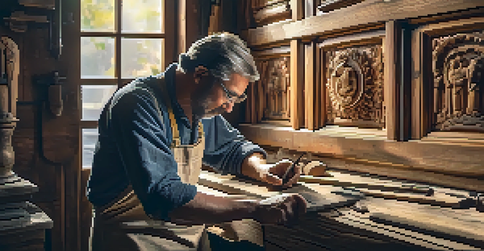 An artisan restoring a detailed wooden door in a workshop filled with reclaimed wood and traditional tools, illuminated by warm sunlight.