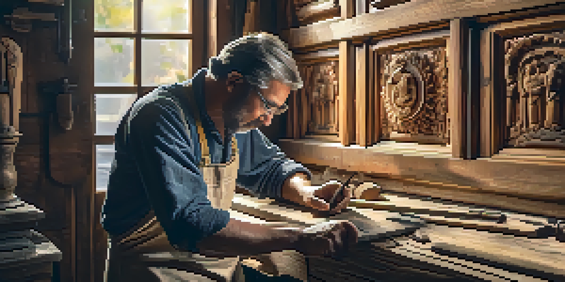 An artisan restoring a detailed wooden door in a workshop filled with reclaimed wood and traditional tools, illuminated by warm sunlight.