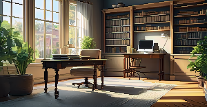 A warm and inviting home office with a desk, laptop, and sunlight streaming through the window.