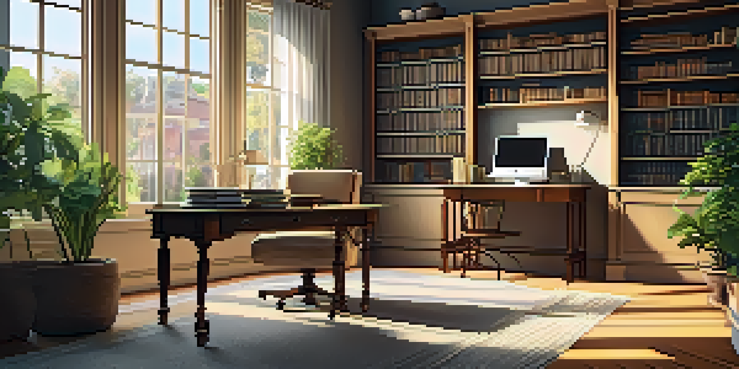 A warm and inviting home office with a desk, laptop, and sunlight streaming through the window.