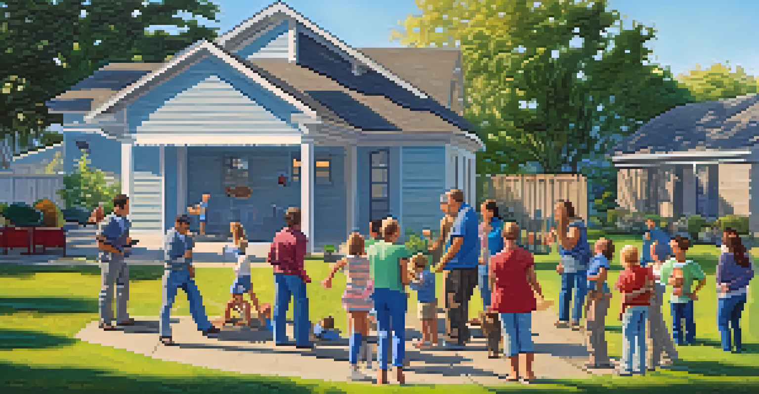 A family practicing a fire escape plan in their backyard, standing together at a designated meeting point under a blue sky.