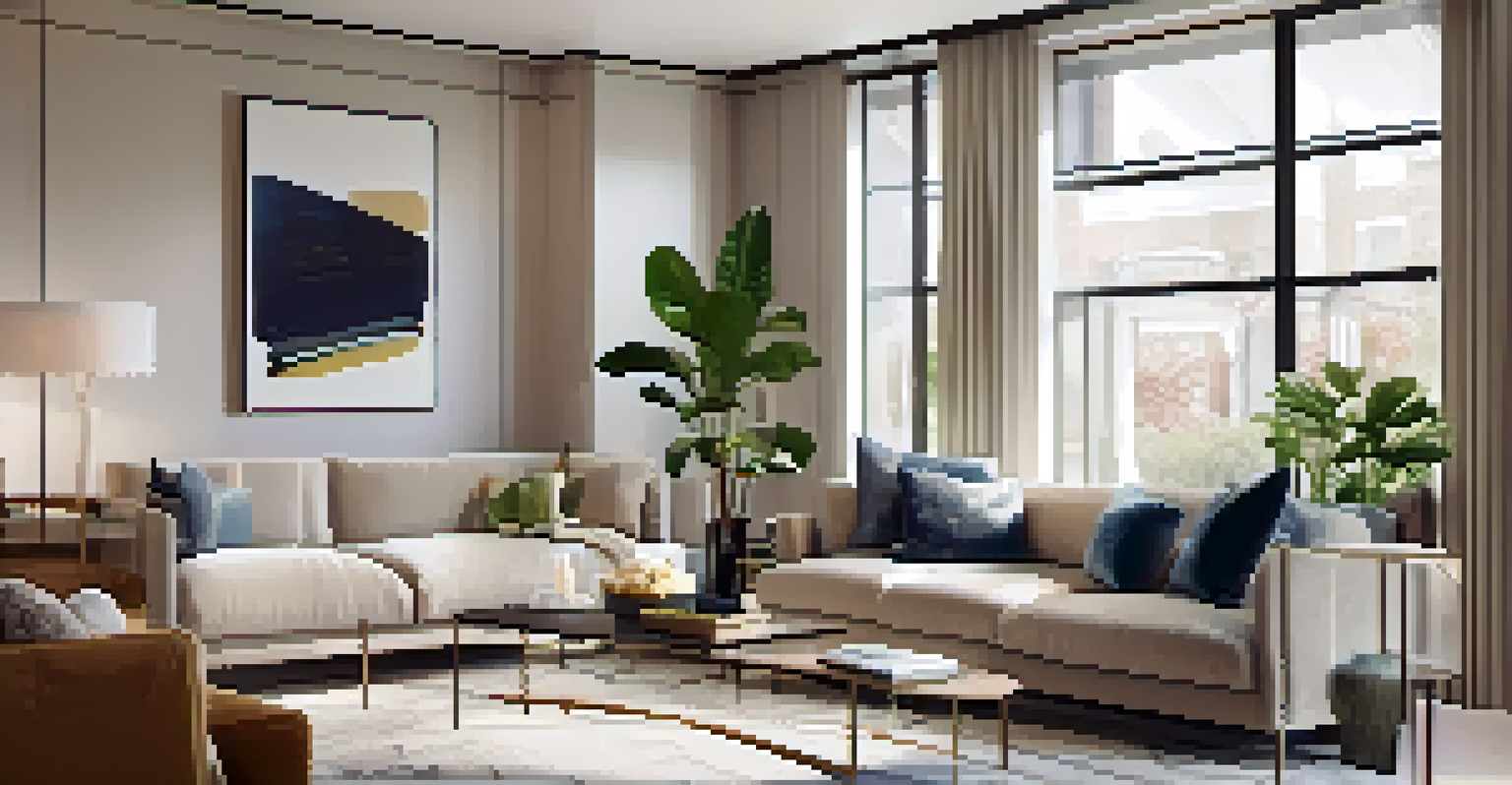 A staged living room in a modern apartment with a real estate agent showing it to potential buyers.