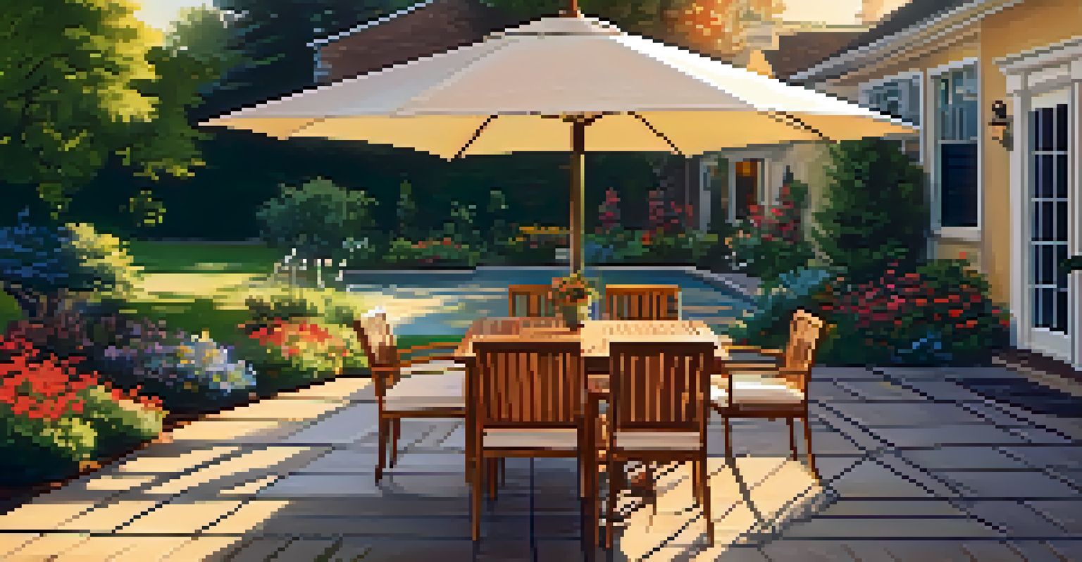 A landscaped backyard with colorful flowers, a wooden patio set under an umbrella, and a golden sunset in the background.