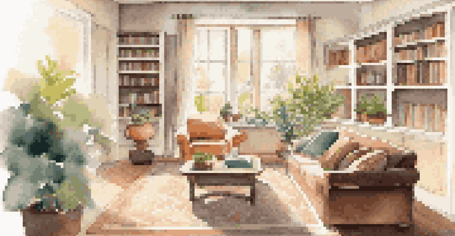 A bright and cozy living room with a sofa, coffee table, and large windows letting in natural light.