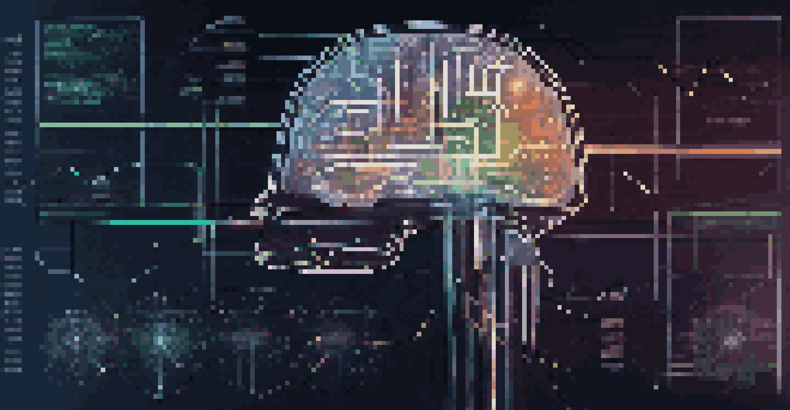 An abstract digital brain representing AI in market analysis, with colorful graphs and binary code.