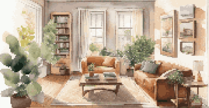 A bright living room with a sofa, coffee table with real estate documents, and a sunny window.