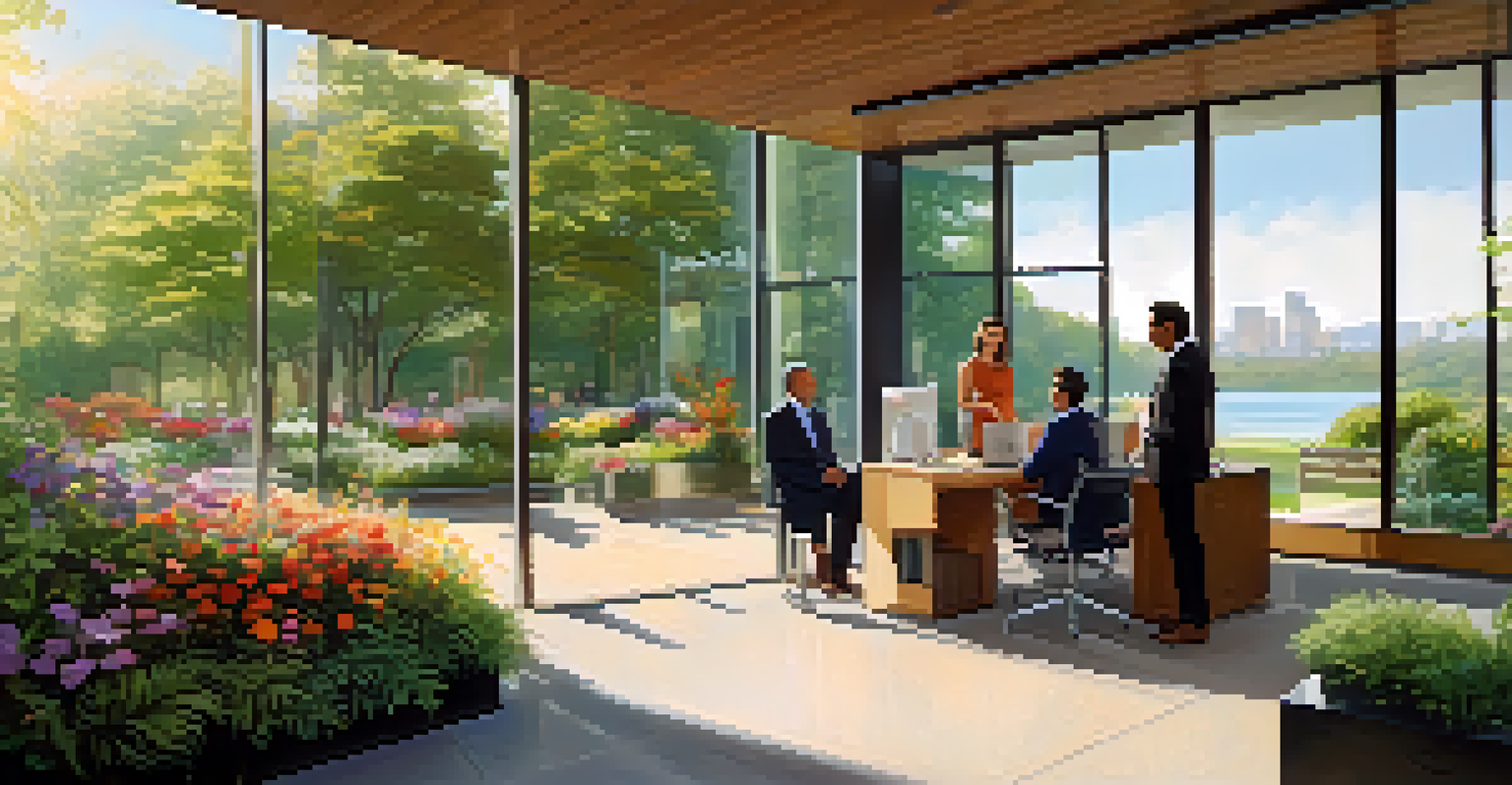 A modern real estate office surrounded by greenery, with diverse investors talking outside.
