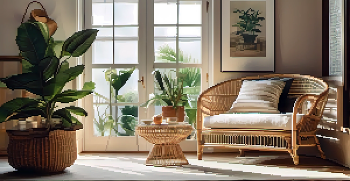 A cozy living room with a rattan armchair, plants, and soft cushions, illuminated by natural light.