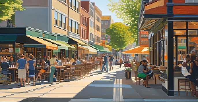 A lively urban neighborhood with people, modern buildings, and sunlit streets filled with shops and cafes.