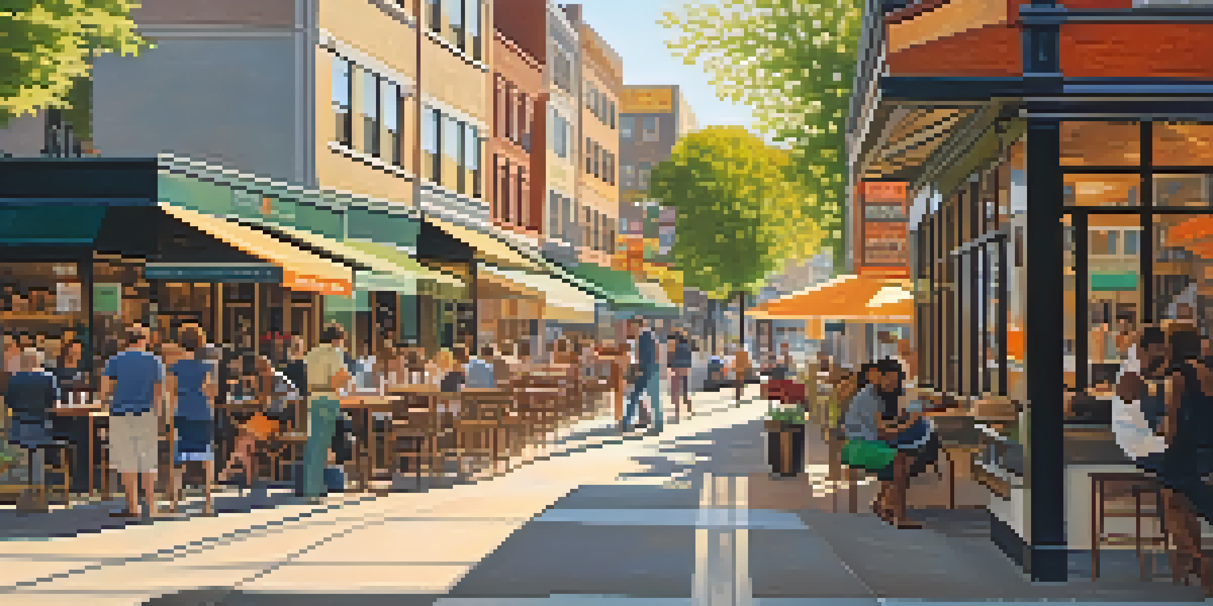 A lively urban neighborhood with people, modern buildings, and sunlit streets filled with shops and cafes.