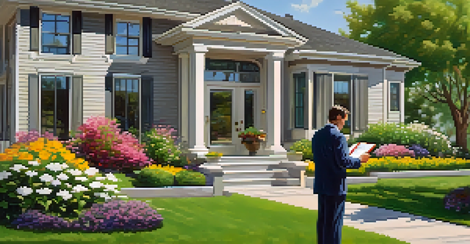 A real estate appraiser in a smart casual outfit analyzing a suburban home with a clipboard on a sunny day.