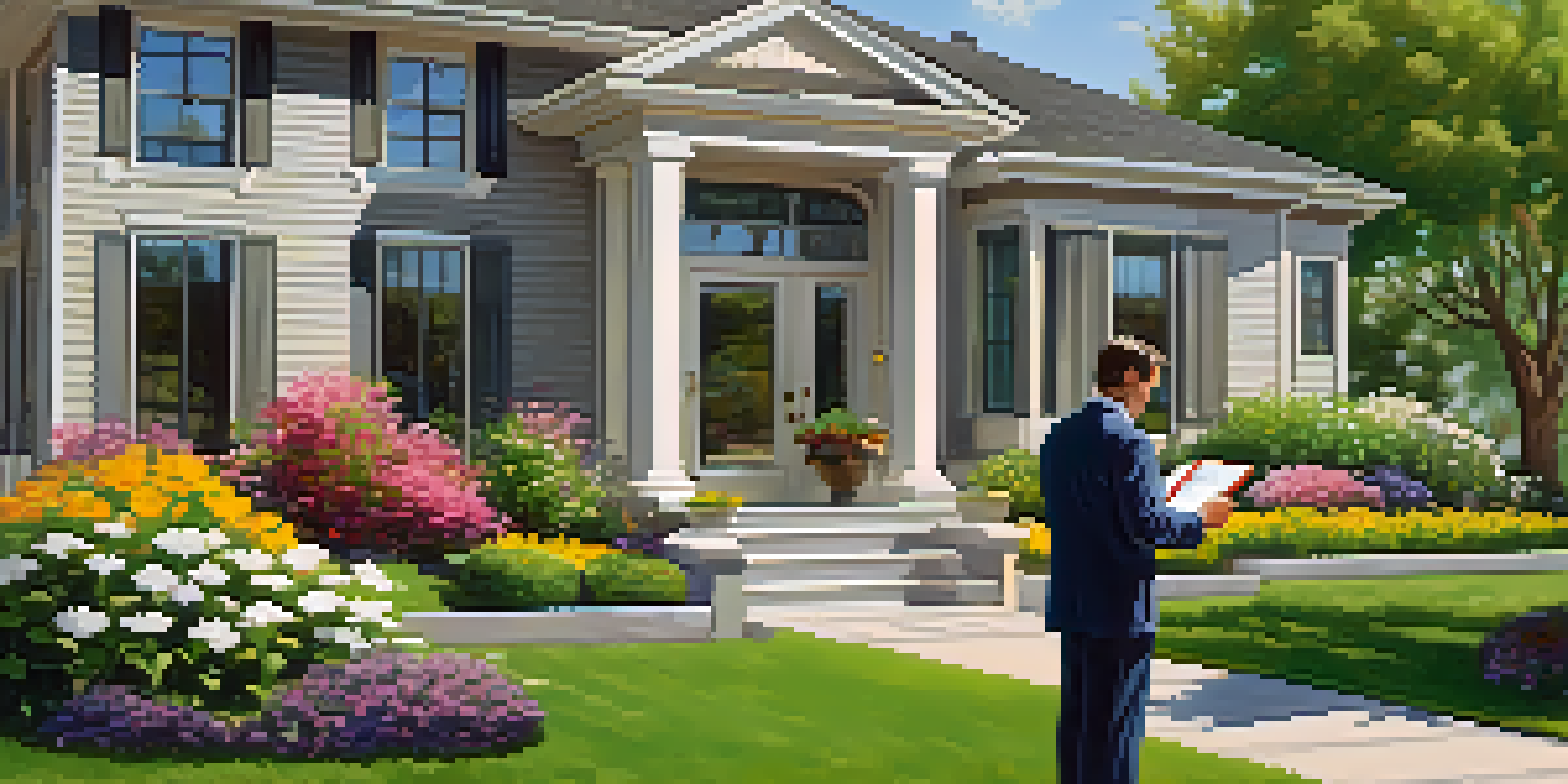 A real estate appraiser in a smart casual outfit analyzing a suburban home with a clipboard on a sunny day.