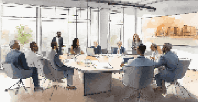 A diverse group of investors discussing a real estate project at a conference table, with laptops and financial graphs displayed on a screen.