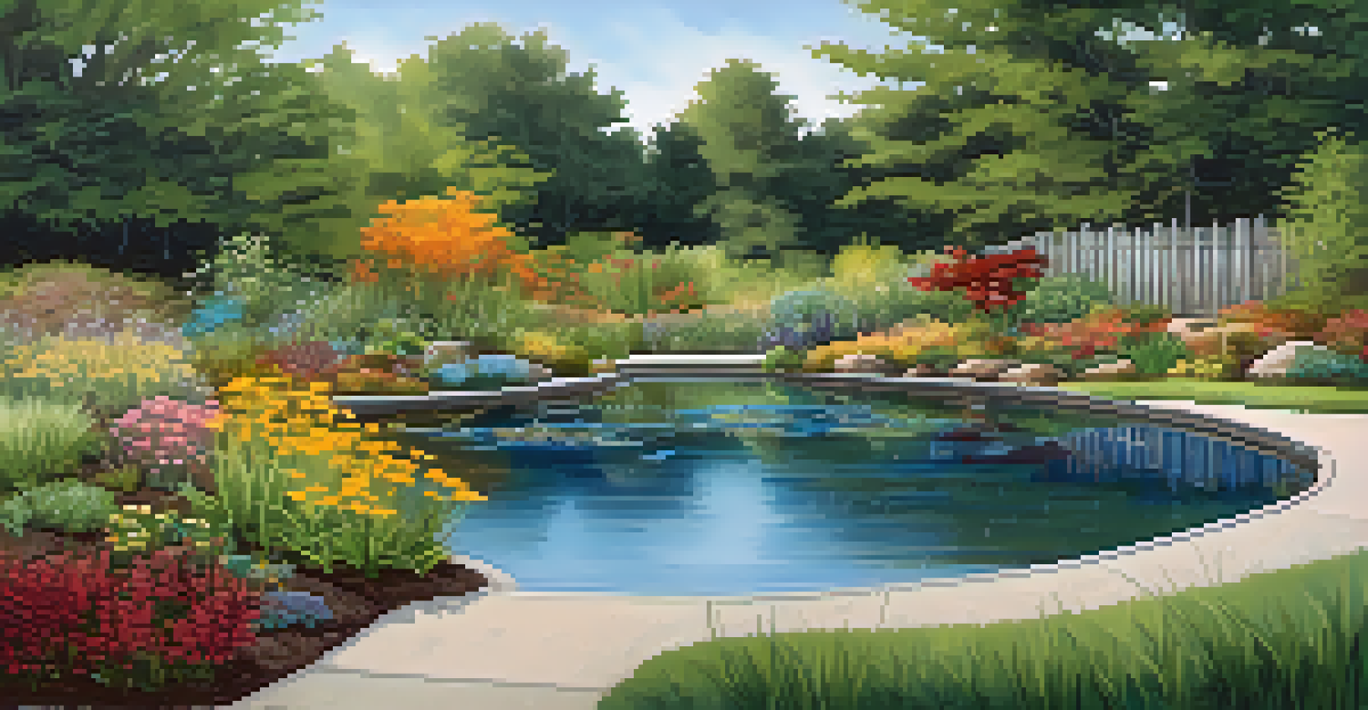 A peaceful rain garden with wetland plants and a small pond under a clear blue sky.