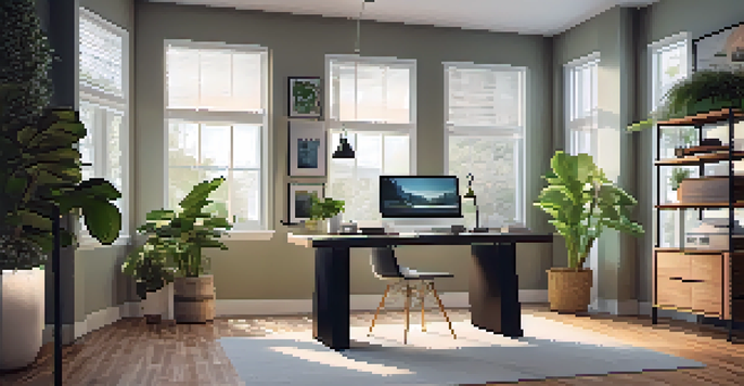 A modern home office showcasing a smart desk, smart speaker, and smart thermostat under warm lighting, with indoor plants and large windows for natural light.
