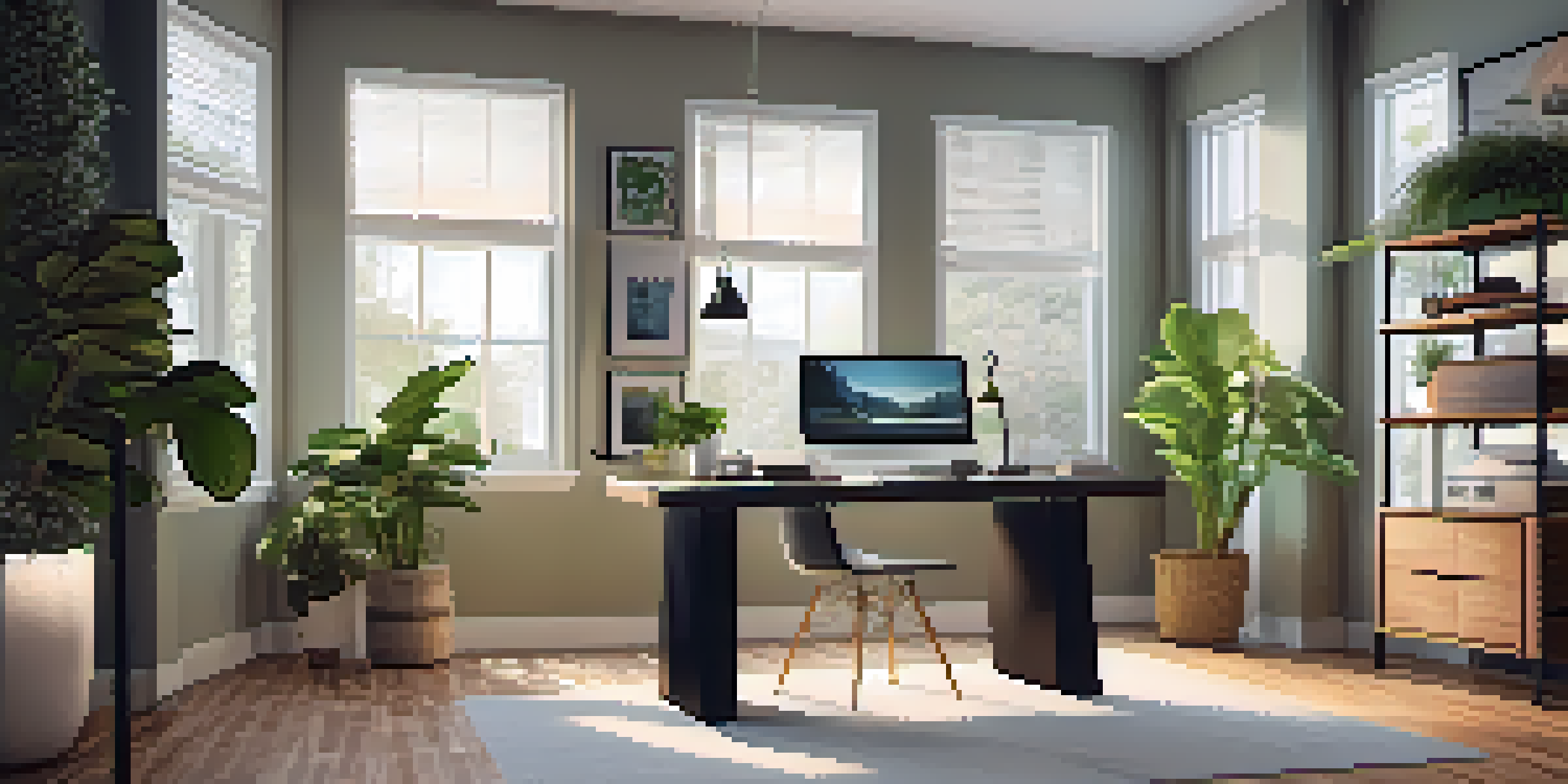 A modern home office showcasing a smart desk, smart speaker, and smart thermostat under warm lighting, with indoor plants and large windows for natural light.