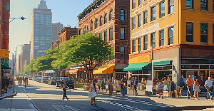A vibrant urban street scene with diverse people walking, modern apartments, and colorful storefronts during golden hour.