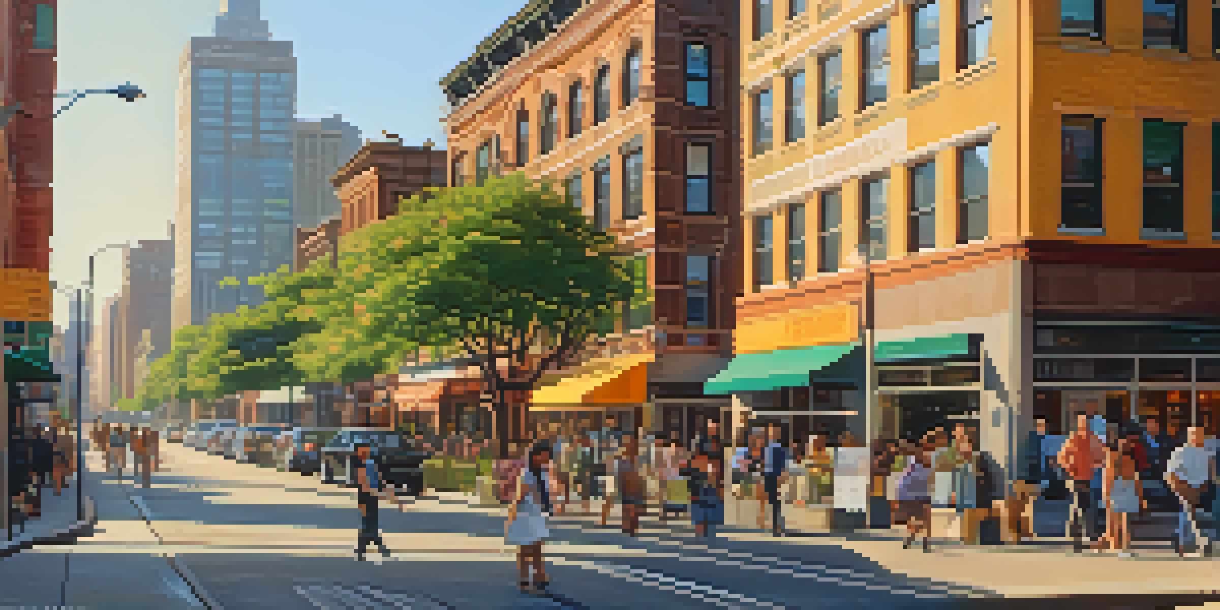 A vibrant urban street scene with diverse people walking, modern apartments, and colorful storefronts during golden hour.