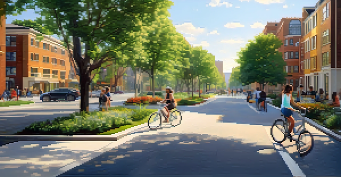 A lively urban street filled with modern buildings and green parks, with people walking and biking under warm sunlight.