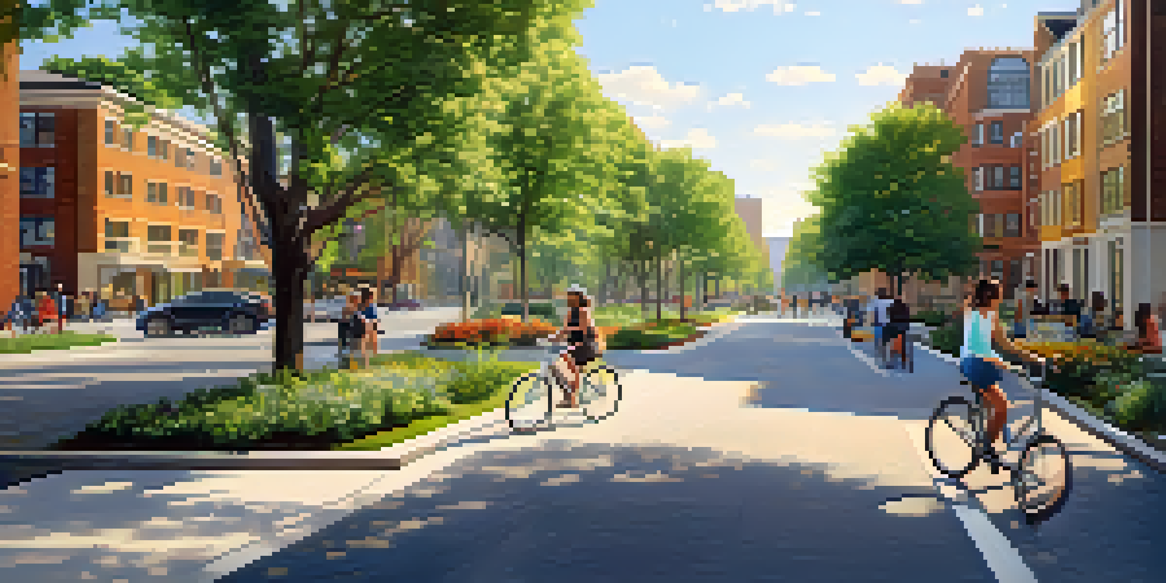 A lively urban street filled with modern buildings and green parks, with people walking and biking under warm sunlight.