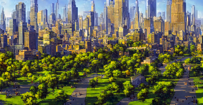 A vibrant city skyline at golden hour with diverse people and green parks.
