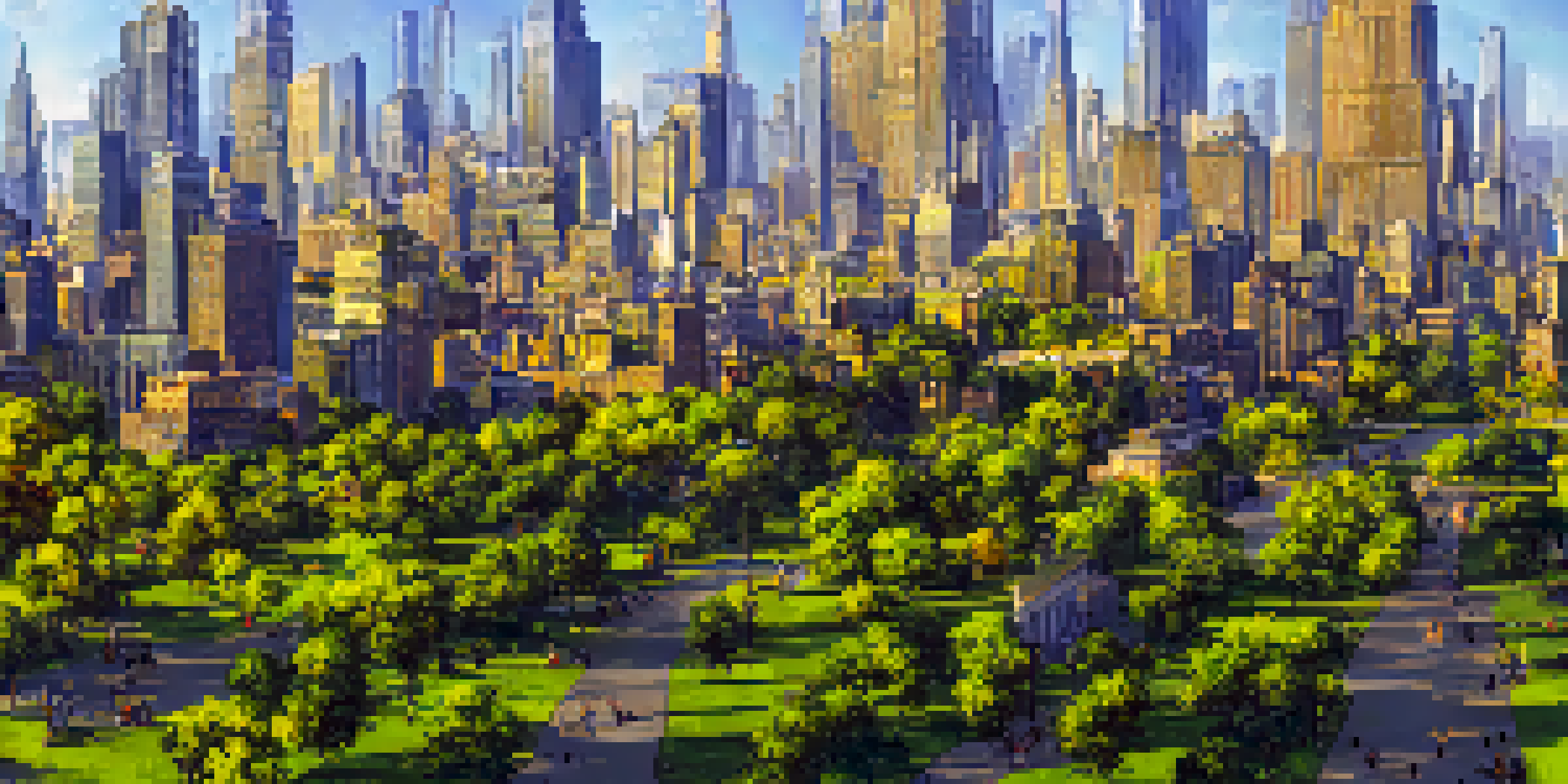 A vibrant city skyline at golden hour with diverse people and green parks.