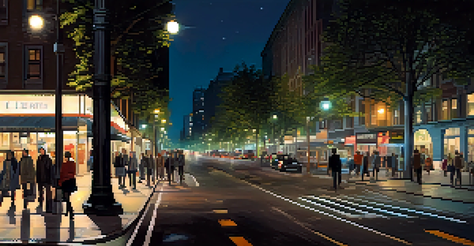 A lively city street at night with well-lit sidewalks and pedestrians, featuring high-tech surveillance cameras and a glowing skyline.