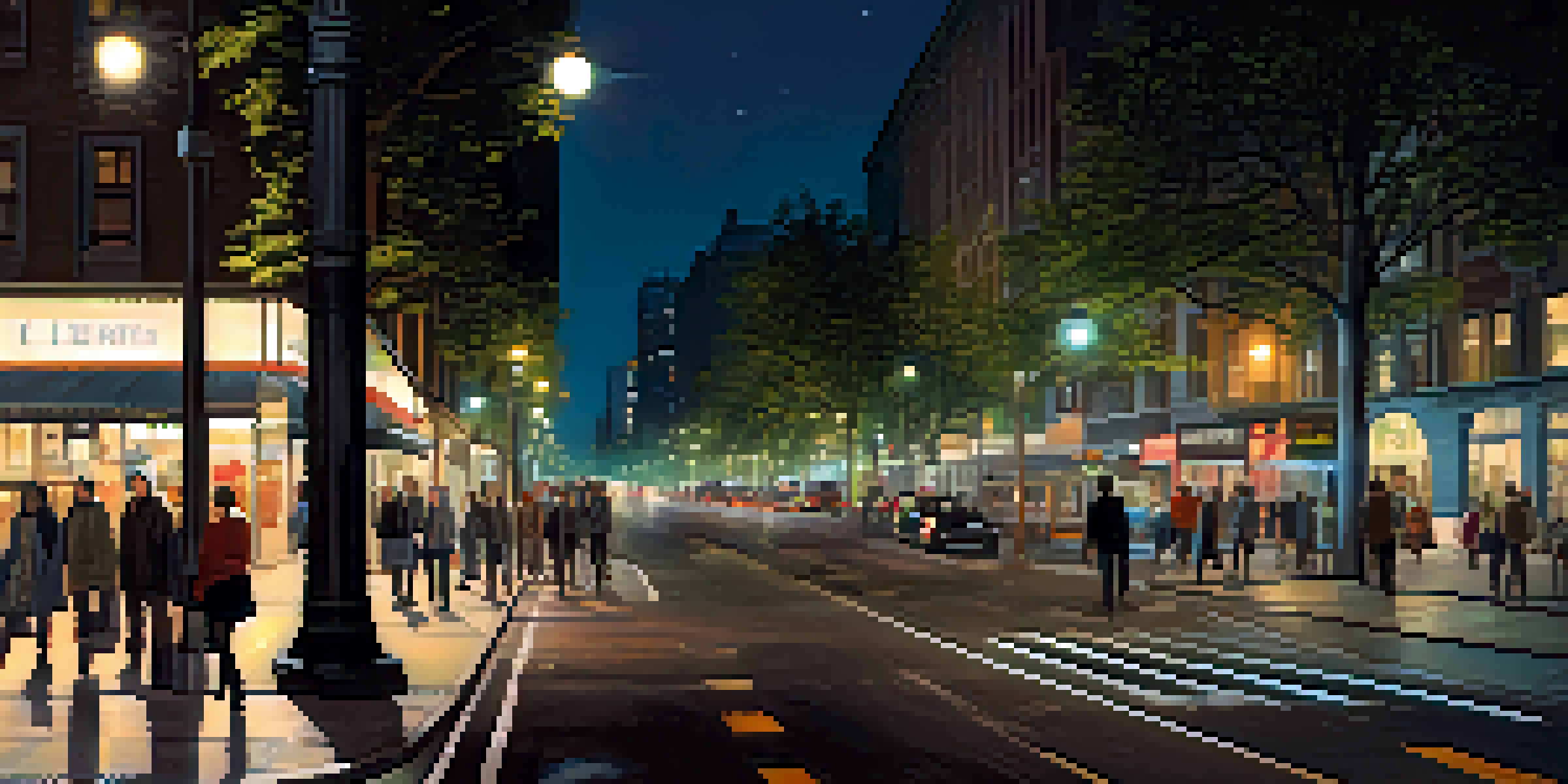 A lively city street at night with well-lit sidewalks and pedestrians, featuring high-tech surveillance cameras and a glowing skyline.