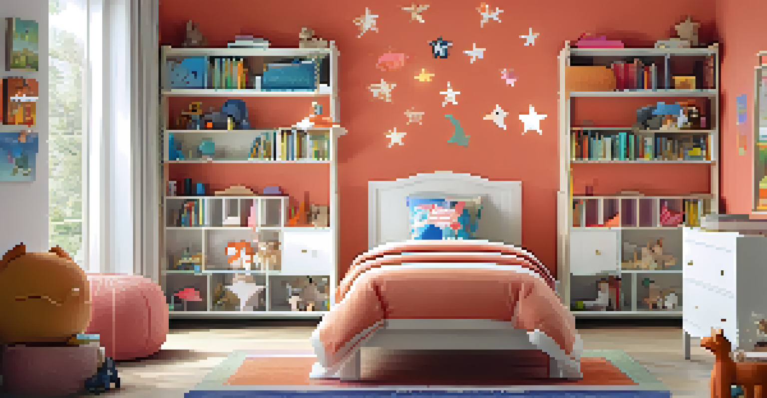 A child's bedroom with a bright coral accent wall, featuring playful wall decals and a colorful bedspread.